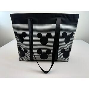 Authentic Disney Parks Black & White Stripe Mickey Zip Top Tote Bag